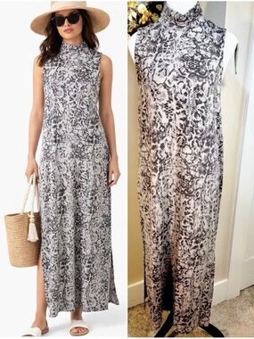 NWT Garnet Hill Snake Print High Neck Sleeveless Maxi Dress Side Slits Sz S 💛